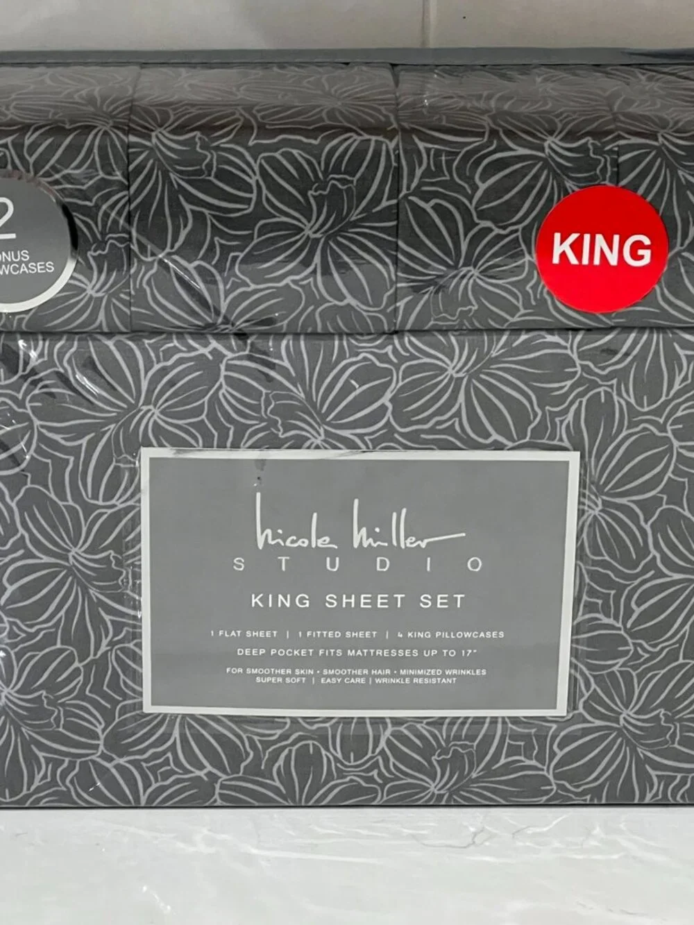 NICOLE MILLER Studio Gray KING Sheet Set 6pc New Linear Floral Tropical Flowers